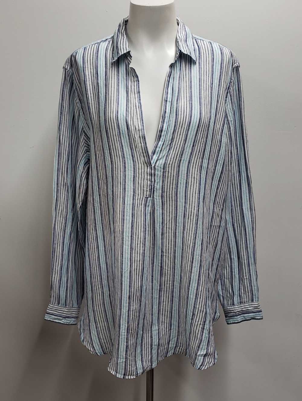 GAP Linen Popover Tunic Long Sleeve Women's XL Blue Beachy Coastal Vacation
